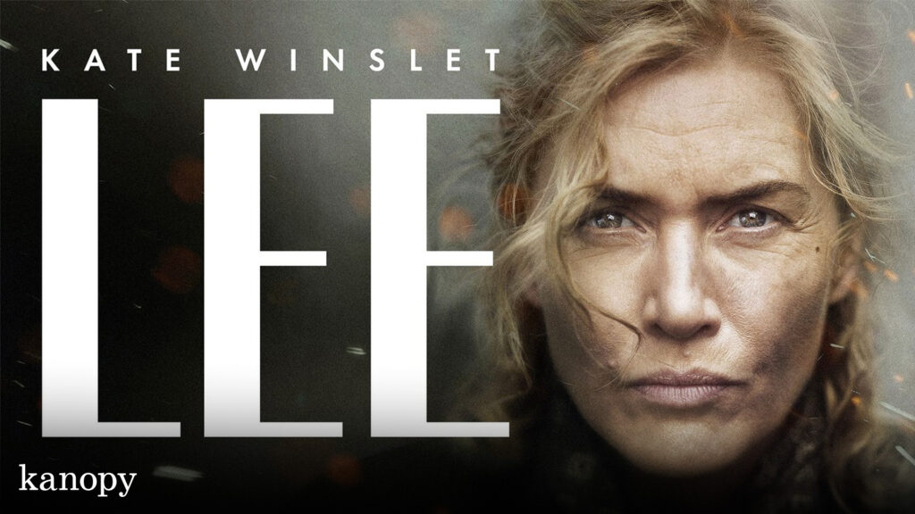 Close-up of a woman’s serious face next to large text reading “LEE” and the name “Kate Winslet” above.