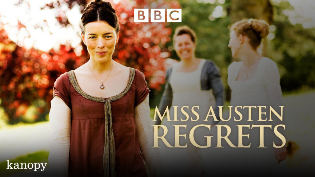 A woman in Regency-era dress smiles, with "Miss Austen Regrets" and BBC logo overlaid; two women behind her.