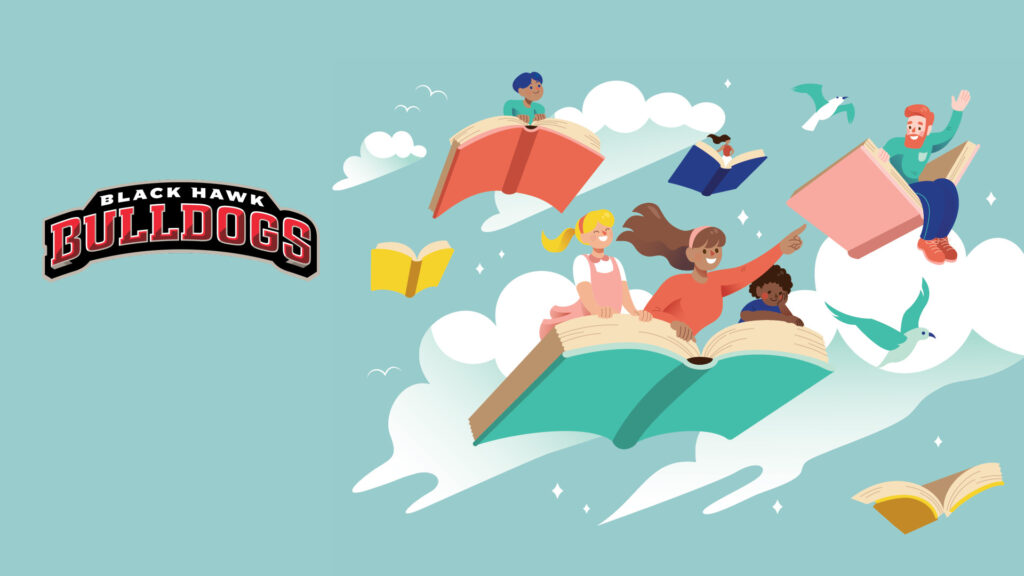 Kids ride giant books through the sky; "Black Hawk Bulldogs" logo appears on the left.