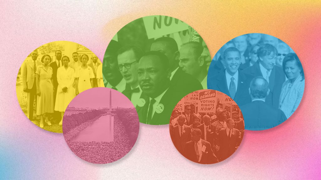 A collage of historical civil rights moments and leaders in multicolored circles on a gradient background.