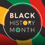 Black History Month banner with colorful curved stripes on a black background. Kanopy logo in the corner.