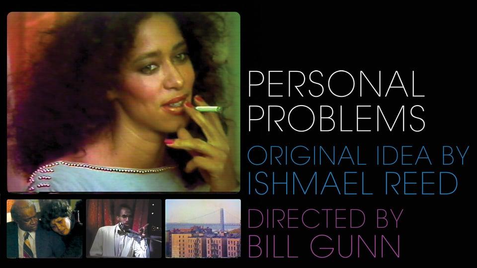 Woman holding a cigarette, film stills below, with text about the movie "Personal Problems" and its creators.