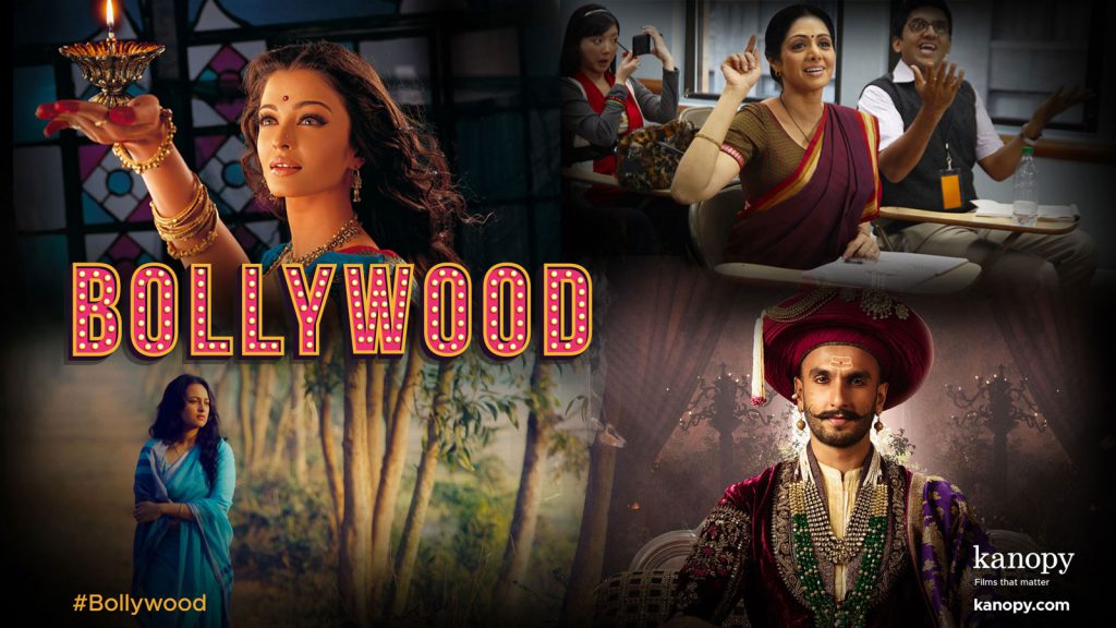 Collage of Bollywood scenes: woman with lamp, students in classroom, woman standing by a field, and man in traditional attire.