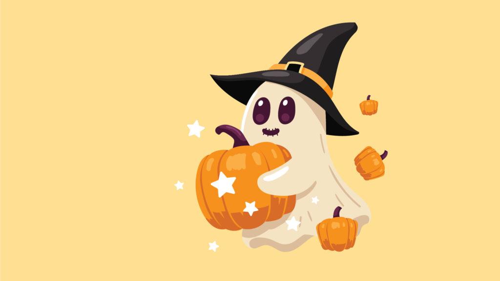 Cute ghost in a witch hat holding a pumpkin, with stars and more pumpkins around, on a yellow background.