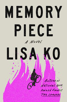 Cover of "Memory Piece" by Lisa Ko, featuring a pink abstract design with a silhouette of a cyclist.