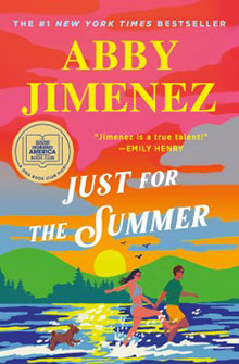 Bright cover of Abby Jimenez's book "Just For The Summer" featuring two runners on a vibrant beach scene.