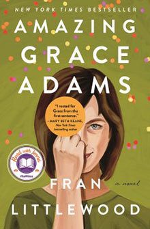 Book cover of "Amazing Grace Adams" by Fran Littlewood, featuring a woman with confetti and a notable review.