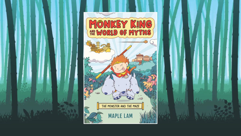 Book cover of "Monkey King and the World of Myths" with a child sitting on a white monster in a bamboo forest.