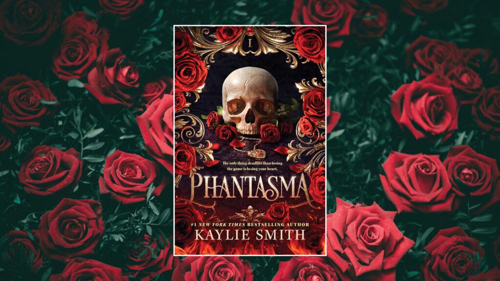 Book cover of "Phantasma" featuring a skull and red roses, set against a background of blooming red roses.
