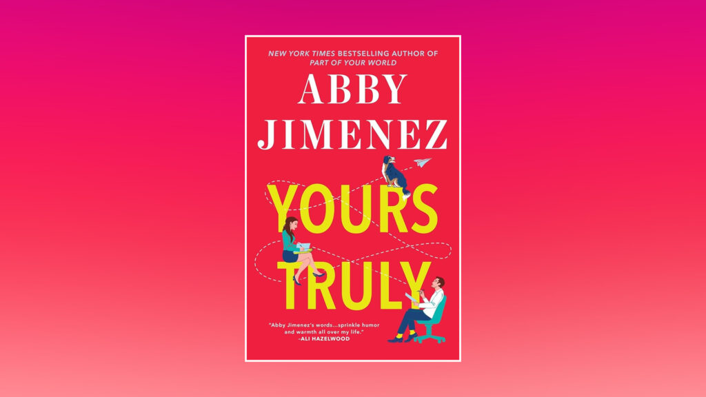 Book cover of "Yours Truly" by Abby Jimenez with illustrations of people on a red background with yellow text.