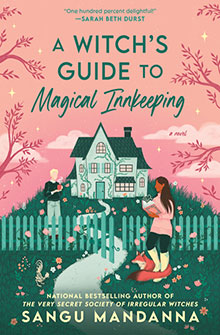 Illustrated cover of "A Witch’s Guide to Magical Innkeeping" shows a house, garden, and two people with a cat and a dog.