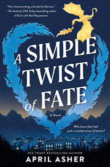 Book cover for "A Simple Twist of Fate" featuring a yellow dragon above a swirling blue night sky over a town.