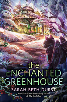 A snowy, magical greenhouse glows warmly in a winter forest as an owl perches nearby; book cover art.