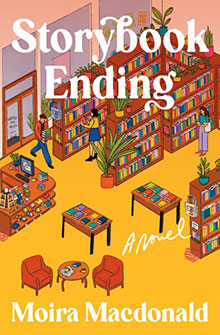 Illustrated bookstore scene with people browsing bookshelves. Title: "Storybook Ending" by Moira Macdonald.