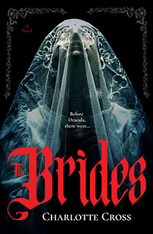 A person in a white veil with gothic patterns, “The Brides” in red text, by Charlotte Cross.