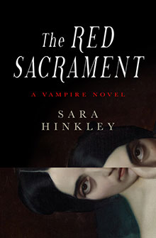 Book cover for “The Red Sacrament,” featuring a distorted portrait of a woman and bold, white text.