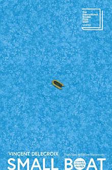 A small yellow boat floats alone on a vast, textured blue background with book title text.