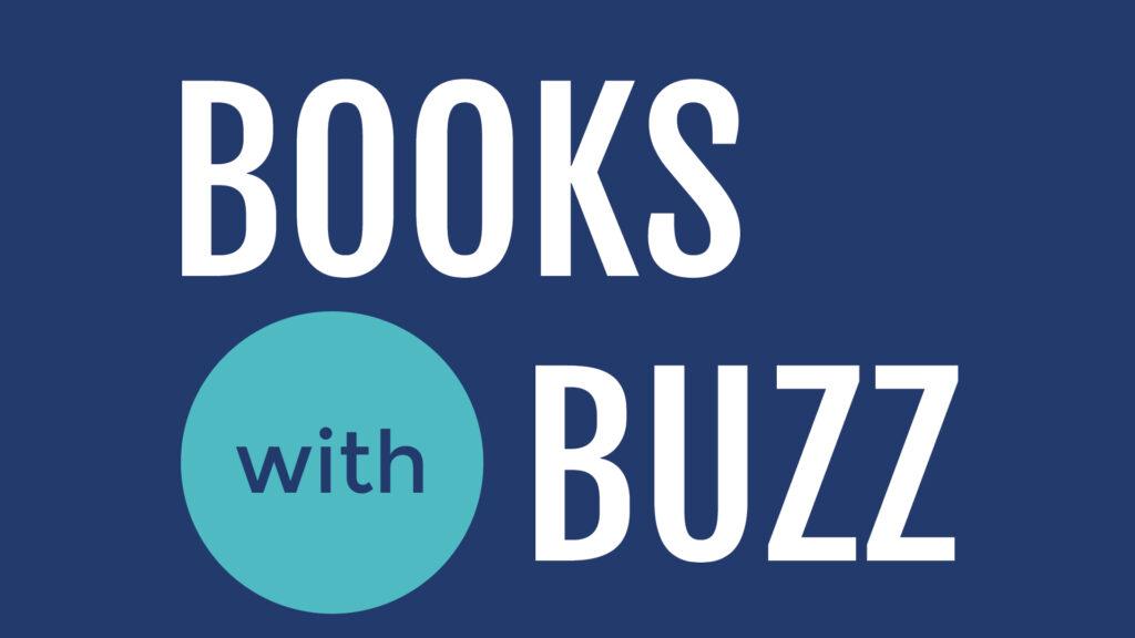 Text "BOOKS with BUZZ" on a blue background, with "with" inside a teal circle.
