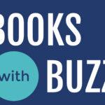 Text "BOOKS with BUZZ" on a blue background, with "with" inside a teal circle.