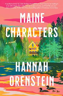 Colorful sunset over a lake with a yellow house, trees, and ducks; "Maine Characters" by Hannah Orenstein.