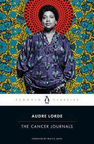 Cover of Audre Lorde's book "The Cancer Journals" featuring a portrait of her in a purple robe with a vibrant background.