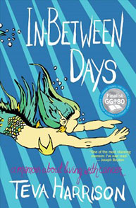 In-Between Days book cover shows an illustration of a woman swimming underwater with blue stripes and award badges.