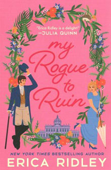 Pink book cover of "My Rogue to Ruin" by Erica Ridley, featuring an illustrated couple in period clothing.