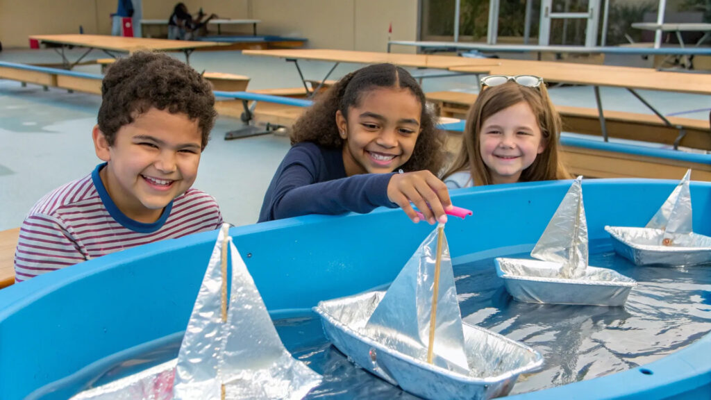Three smiling children play with homemade foil boats in a blue water table outside.