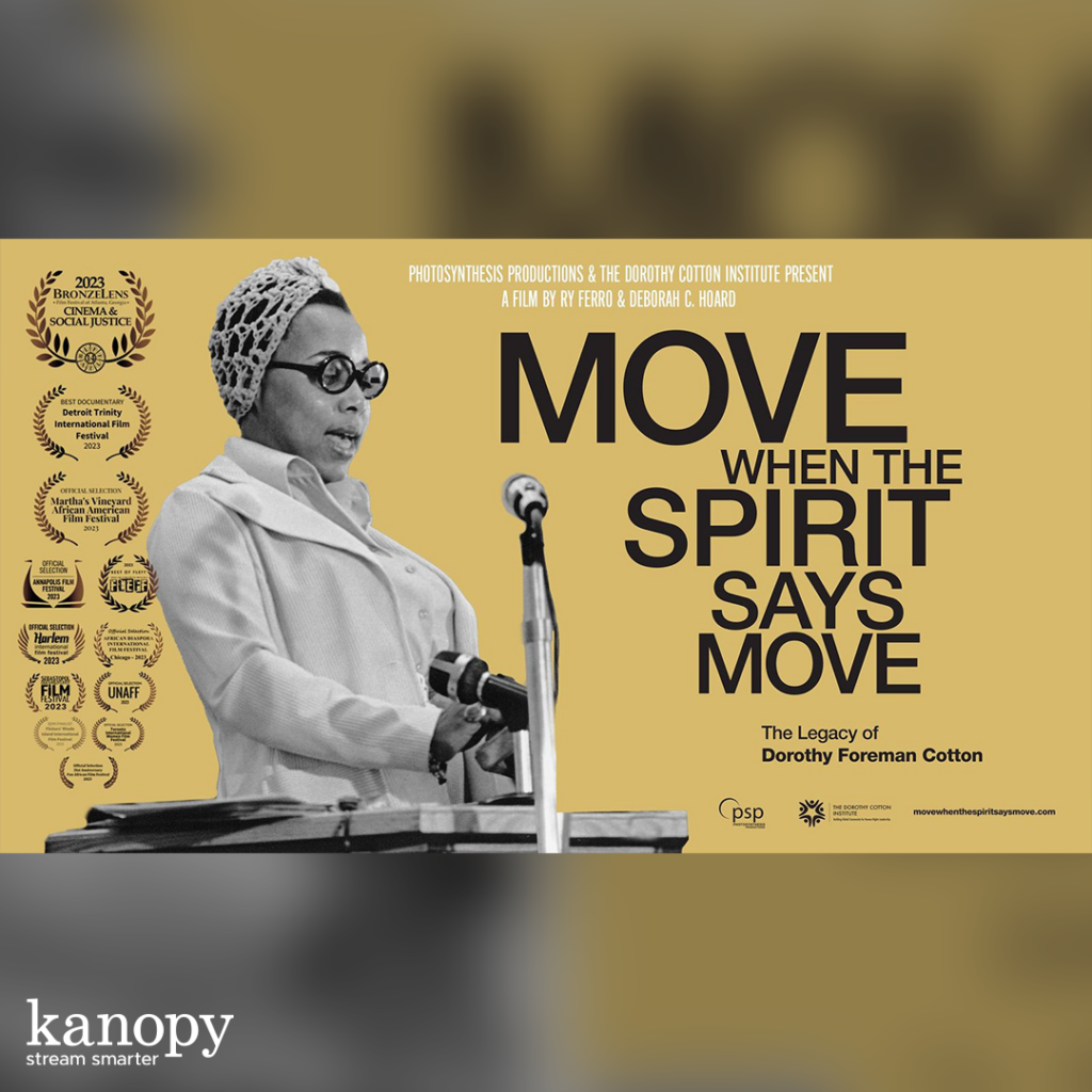 A Black woman in sunglasses speaks at a podium; text reads "Move When the Spirit Says Move: The Legacy of Dorothy Cotton.