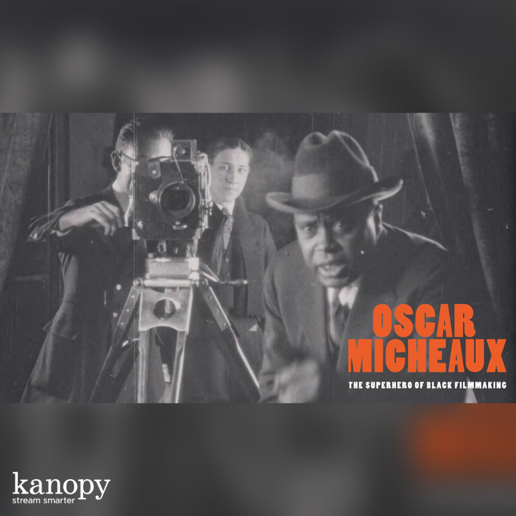 Black filmmaker Oscar Micheaux stands by a vintage camera, with "Oscar Micheaux" in bold orange text.