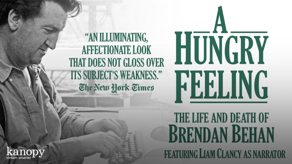 A black-and-white image of Brendan Behan typing, with text promoting the film "A Hungry Feeling.
