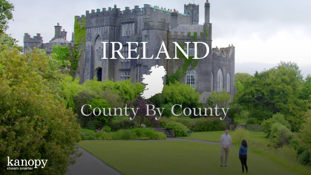 Old stone castle in lush greenery with text "Ireland County By County" and two people walking in front.