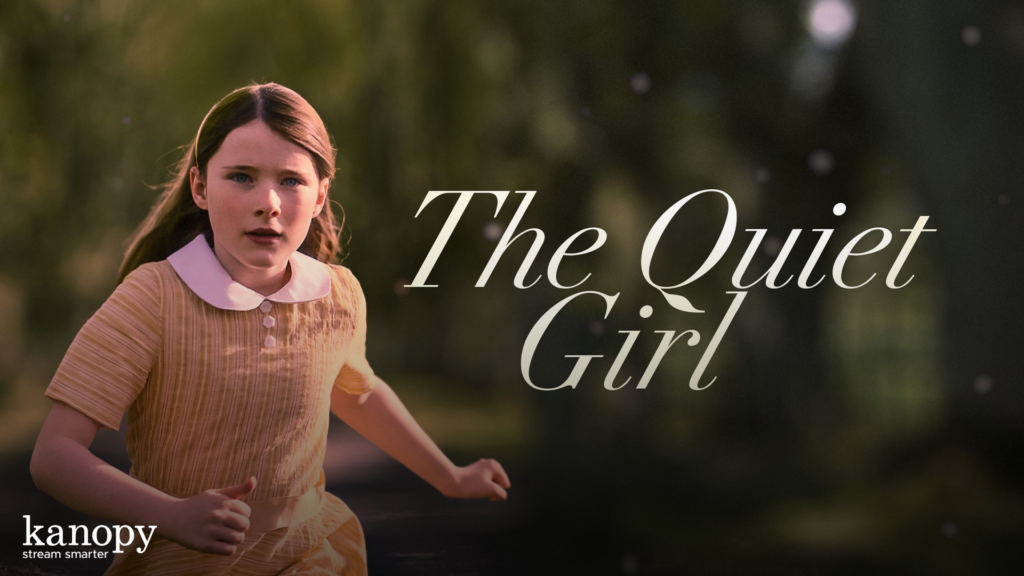 A young girl in a yellow dress runs outdoors with "The Quiet Girl" text beside her.