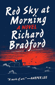 Book cover of "Red Sky at Morning" by Richard Bradford, with a red sky and a rural landscape illustration at the bottom.