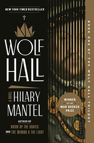 Book cover of "Wolf Hall" by Hilary Mantel, featuring a vertical prism design and a Man Booker Prize badge.