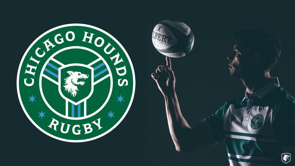 Chicago Hounds Rugby logo next to a player spinning a rugby ball on one finger.