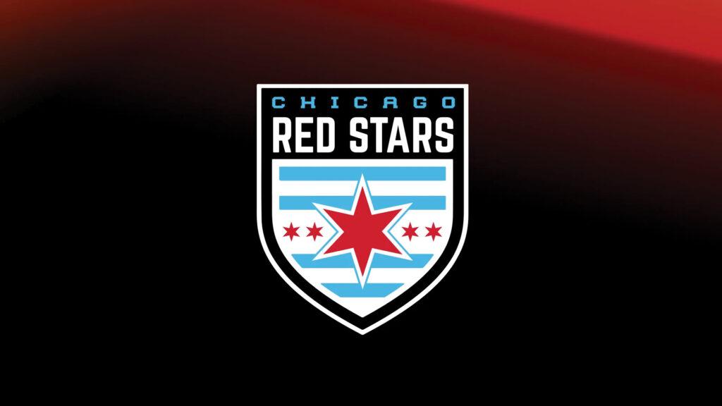 Chicago Red Stars logo with blue stripes and red stars on a black and red gradient background.