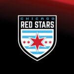 Chicago Red Stars logo with blue stripes and red stars on a black and red gradient background.