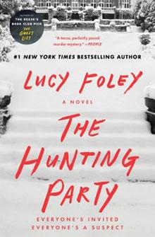 Cover of "The Hunting Party" by Lucy Foley, showing snowy steps with a building in the background.