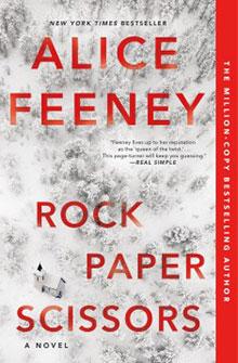 Cover of "Rock Paper Scissors" by Alice Feeney, featuring a snowy landscape with a small house.