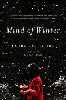 Book cover of "Mind of Winter" by Laura Kasischke, featuring a person in a red coat in falling snow.