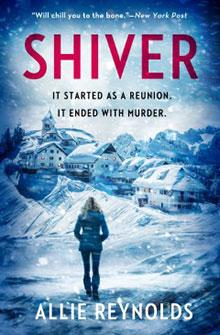 Person standing in the snow, facing snowy buildings. Book title: "Shiver" by Allie Reynolds.