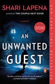 Book cover of "An Unwanted Guest" by Shari Lapena, showing a silhouette approaching a house at night.