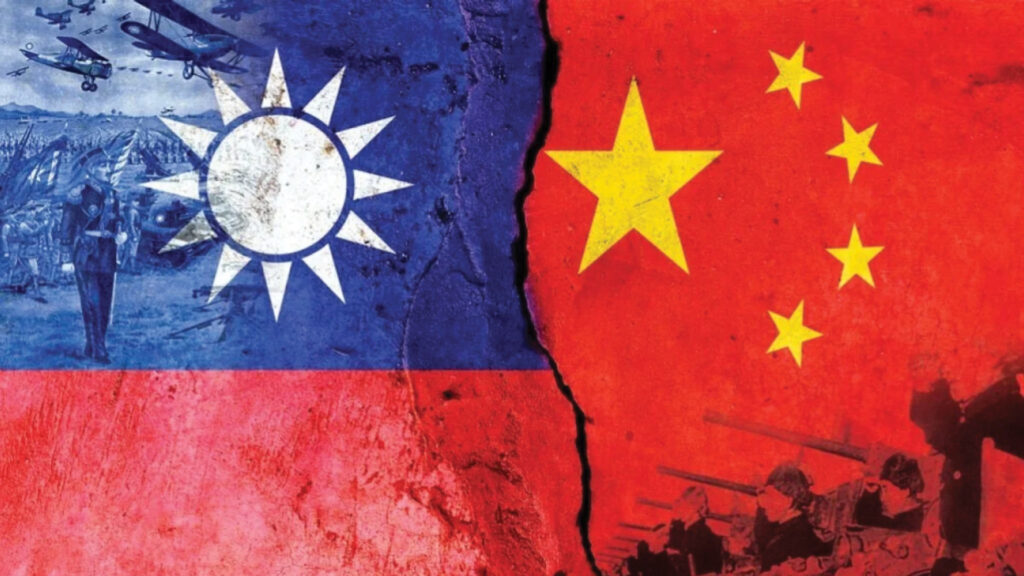 Taiwan and China flags split by a crack, with military imagery visible on both sides.