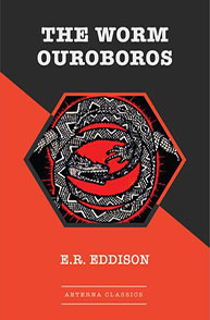 Book cover of "The Worm Ouroboros" by E.R. Eddison, featuring an ouroboros in the center on a red and black background.