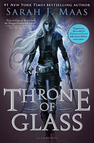 Book cover of "Throne of Glass" by Sarah J. Maas, featuring a woman with long silver hair, holding two swords.