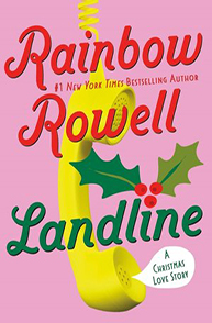 Book cover of "Landline" by Rainbow Rowell, featuring a yellow telephone receiver with holly and berries on a pink background.