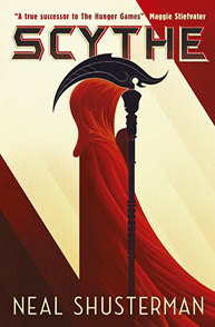 Book cover of "Scythe" by Neal Shusterman, featuring a figure in a red cloak with a black scythe against a geometric background.