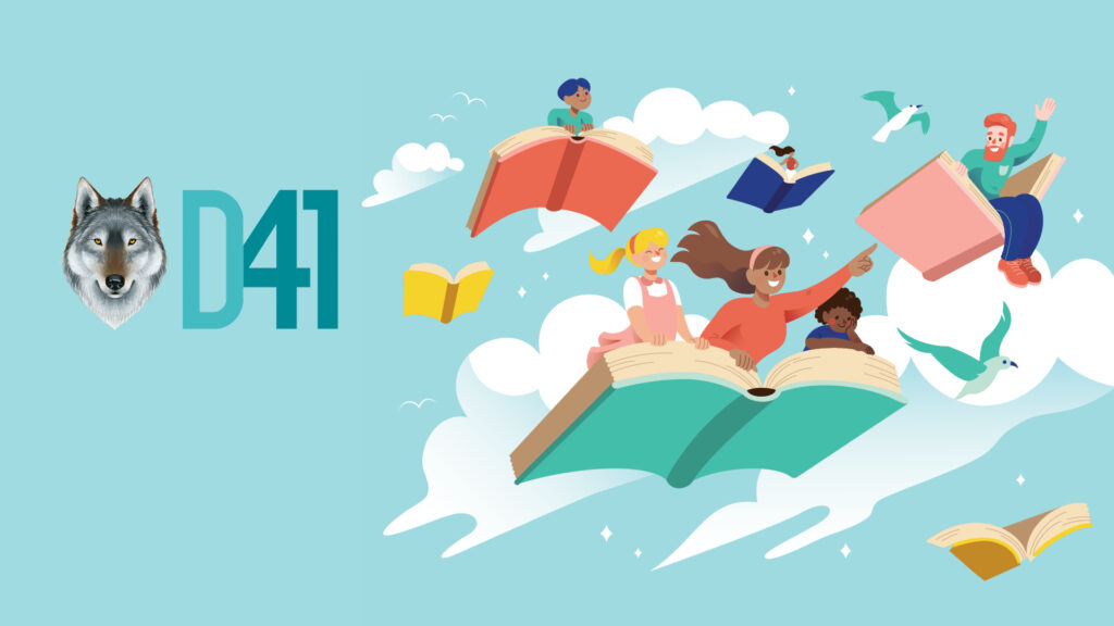 Children ride flying books in the sky; a wolf logo and “D41” text are on the left side of the image.