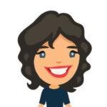 Cartoon illustration of a woman with wavy dark hair, blue eyes, and a wide smile.